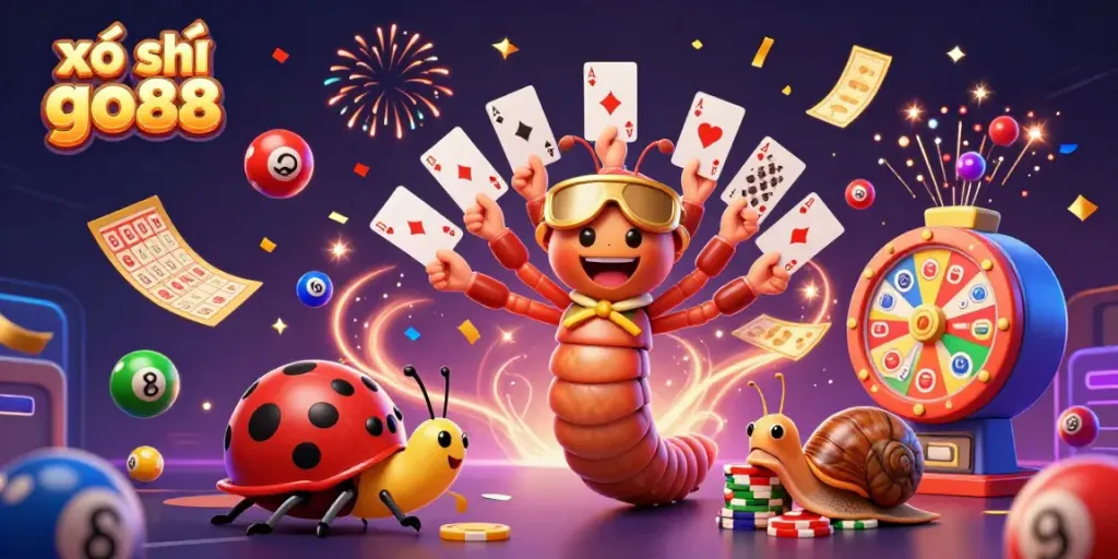 Engage with the vibrant world of xổ số go88, featuring animated characters in a lively lottery scene.