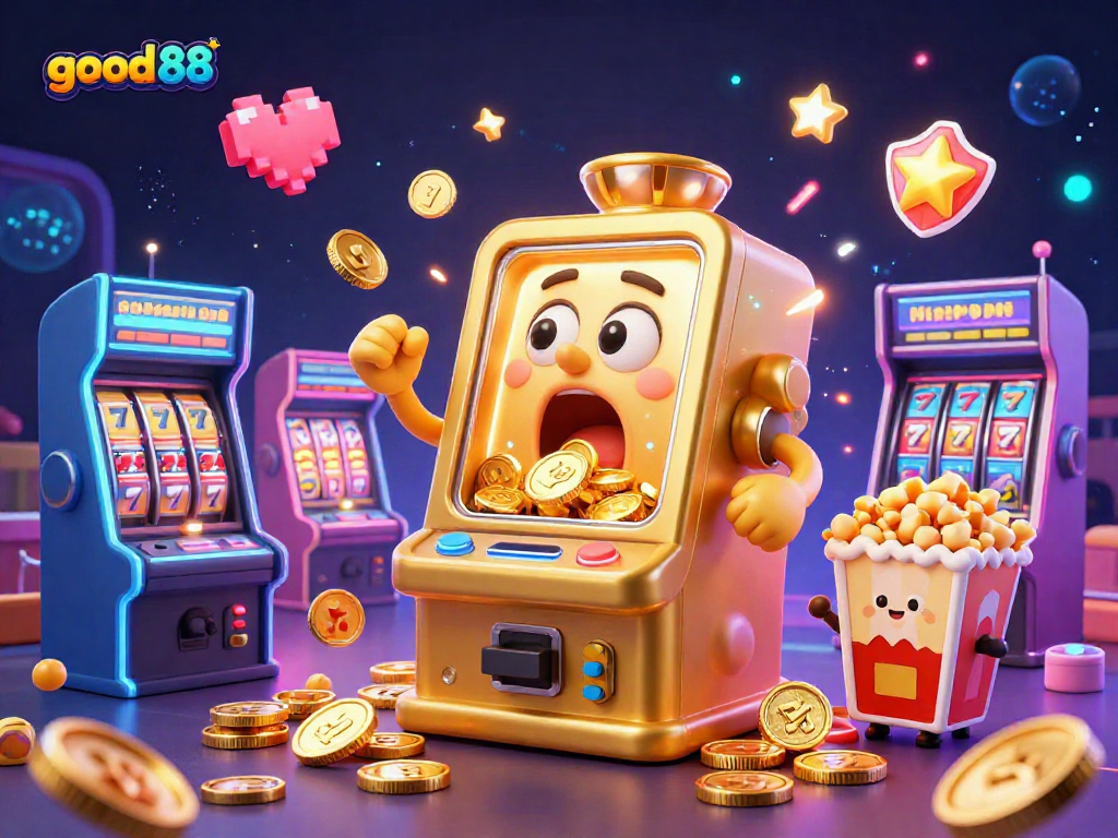 Win massive rewards with good 88 as animated slot machines celebrate a jackpot victory amidst vibrant 3D casino elements.