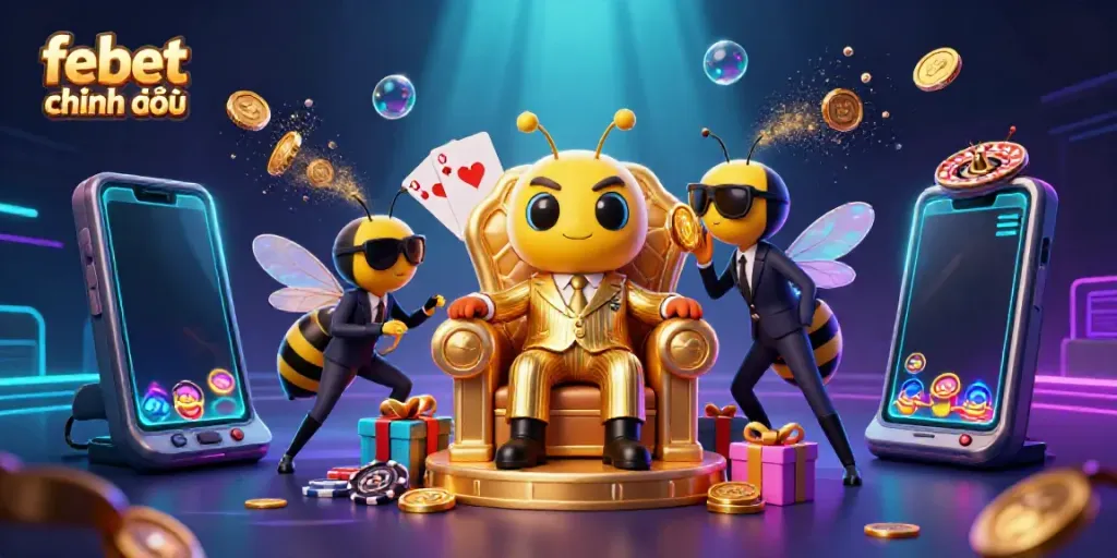 Experience febet chính thức with an ultra-detailed 3D casino illustration featuring a bumblebee mob boss and vibrant game elements.