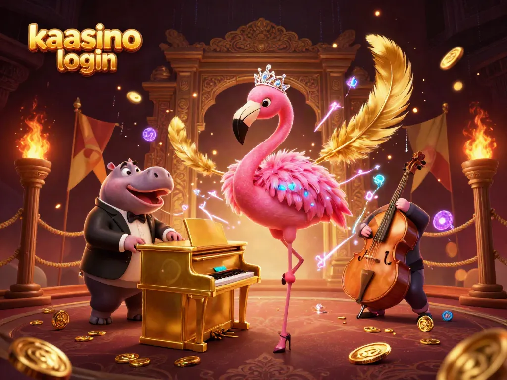 Kaasino login portal featuring vibrant 3D cartoon casino characters amidst dynamic gaming elements.