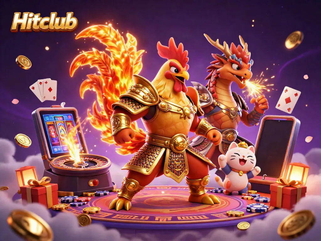 Experience thrilling gameplay with Hitclub, featuring adorned rooster warrior and dragon elements amidst vibrant casino game symbols.