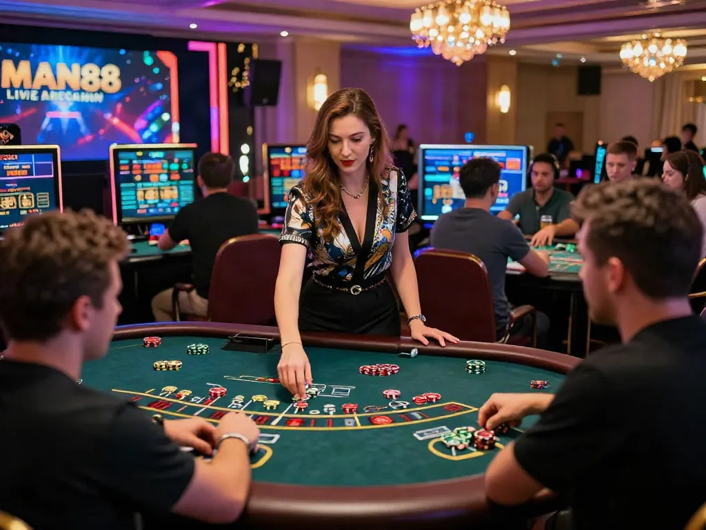 Exciting MAN88 online casino scene with players at live blackjack tables.