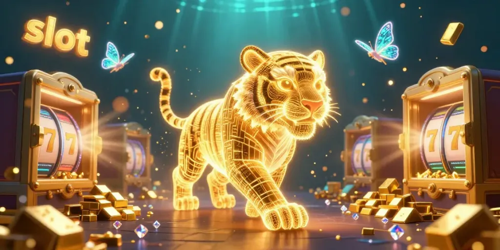 Experience thrilling slot games with the golden tiger prowling through a vibrant casino landscape.