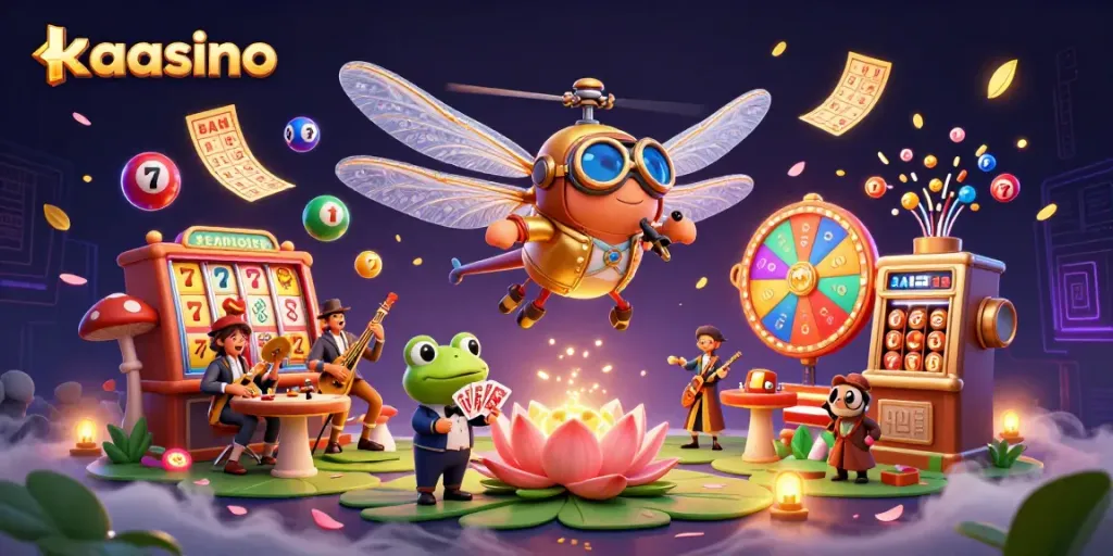 Kaasino's vibrant 3D illustration showcases a lively dragonfly pilot, frog croupier, and jazzing crickets, surrounded by dynamic casino elements.