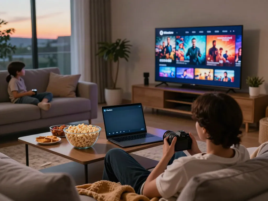 Enjoying the pk show app in a cozy living room setting with snacks and family.