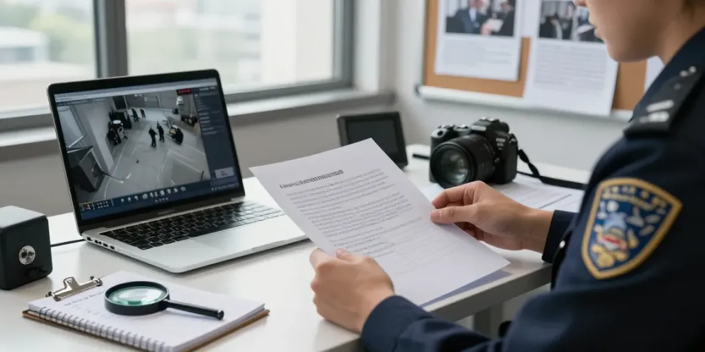 Goodtam private investigator reviewing case files in a modern office.