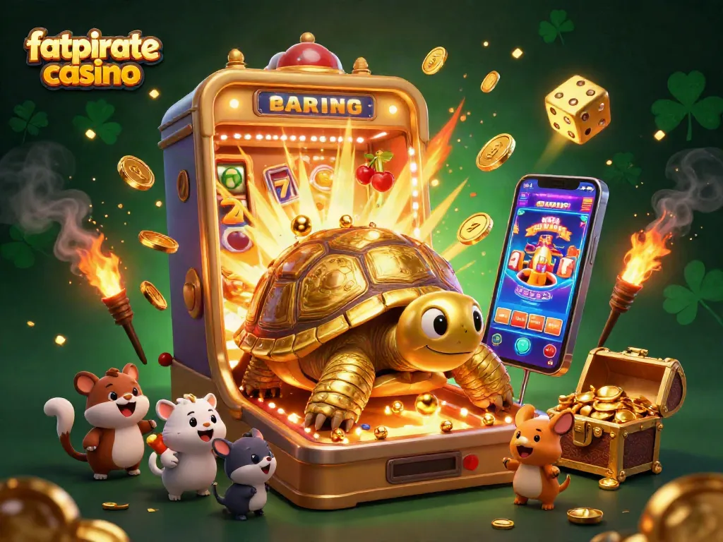 Play at fatpirate casino with a cartoon tortoise-themed pinball machine and jackpot excitement.