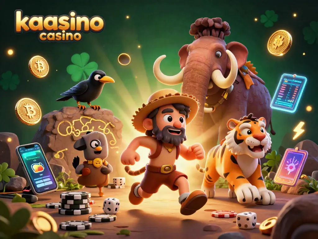 Kaasino casino offers an exciting gambling experience featuring playful cavemen and neon cryptocurrencies in a lively setting.