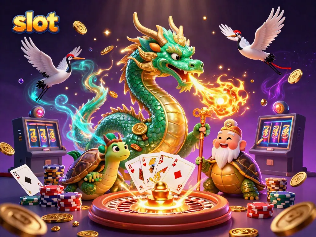 Spin and win on the captivating slot machines, surrounded by dragon and lucky cranes.