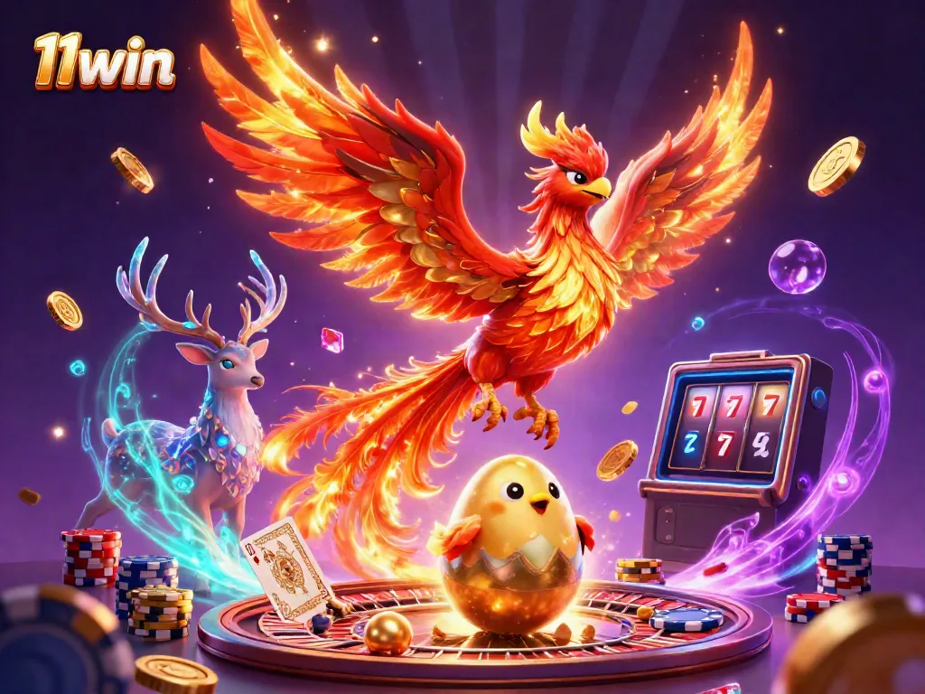 Engage with the vibrant 11win casino scene featuring a fire phoenix, golden coins, and a roulette wheel.