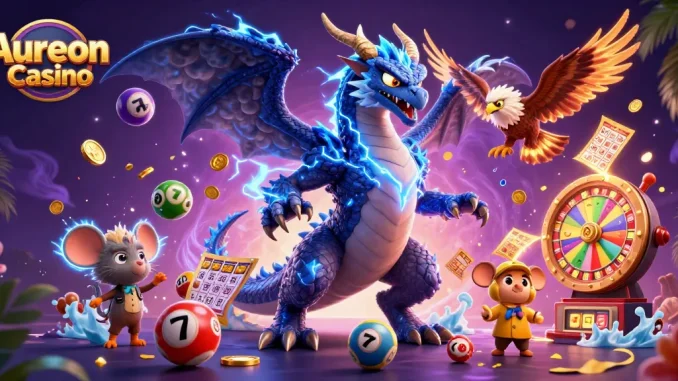 Aureon Casino showcases a vibrant 3D illustration with a dragon, hawk, and thunder mouse amidst dynamic game elements.