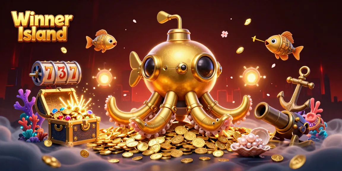 Experience the thrill of Winner Island Casino with golden kraken and gambling elements.