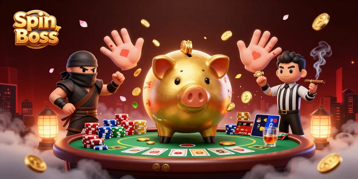 Spin Boss characters engage in a lively casino scene with poker elements and vibrant visuals.