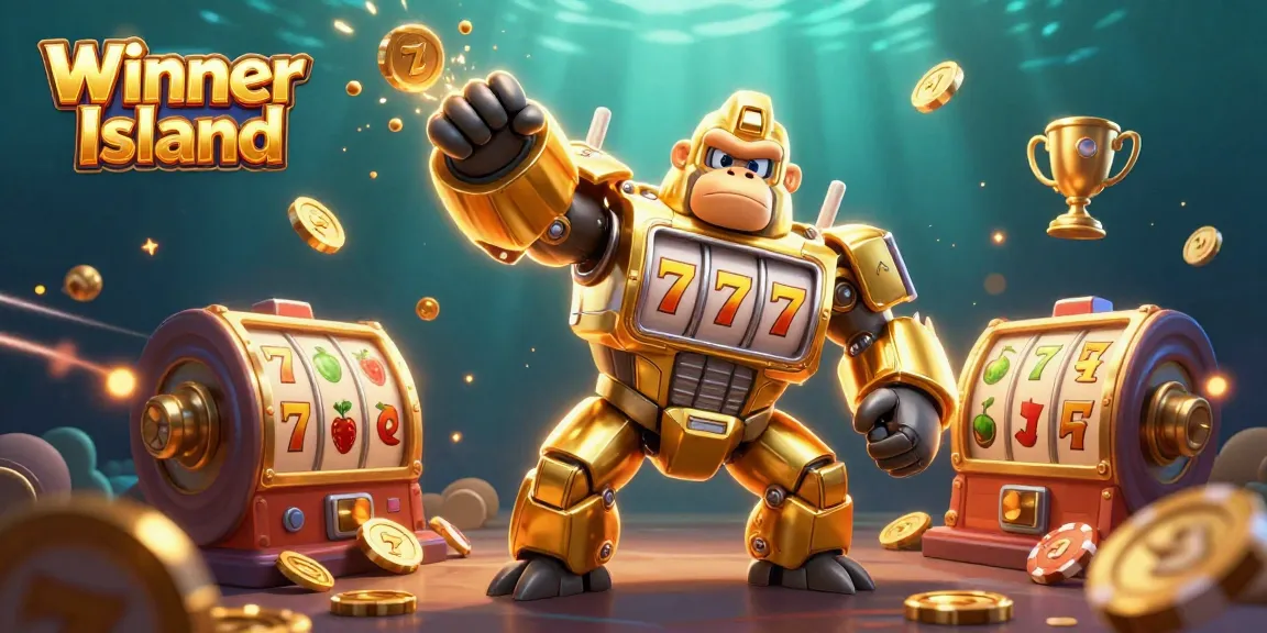 Experience thrilling wins on Winner Island with a golden gorilla mech, slot reels, and vibrant casino elements.
