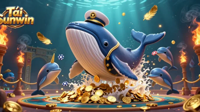 Tải Sunwin brings excitement with a giant whale and playful dolphins in a dynamic casino scene.