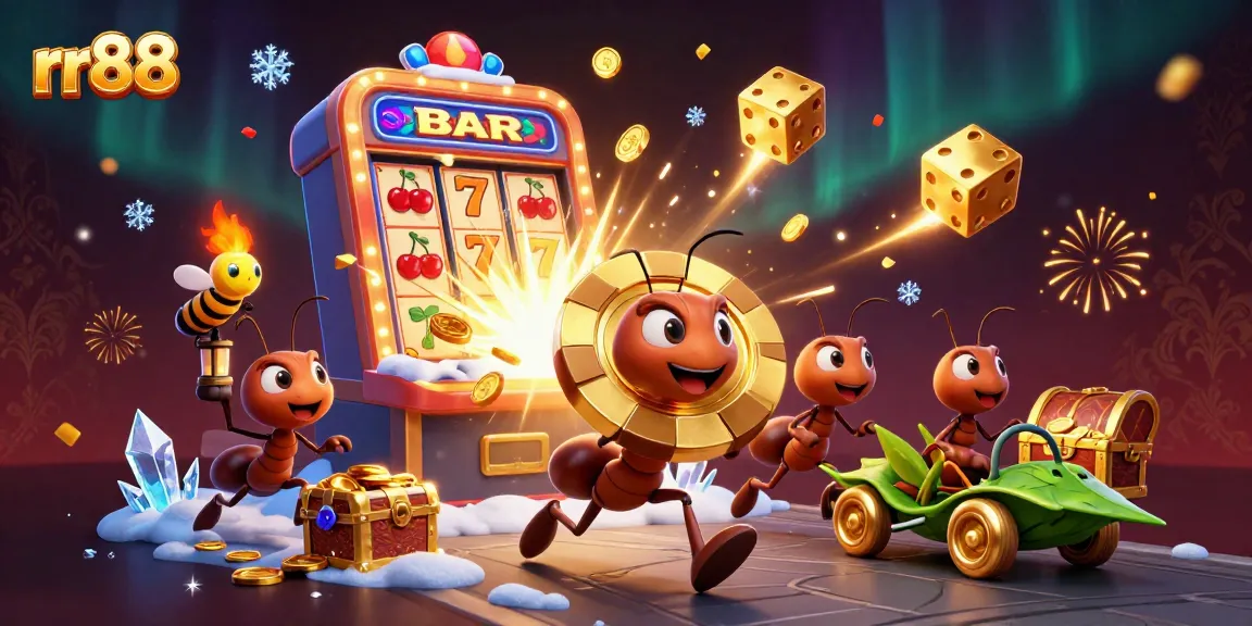 Win big at rr88 as animated ants race with a golden poker chip, bursting with casino excitement.