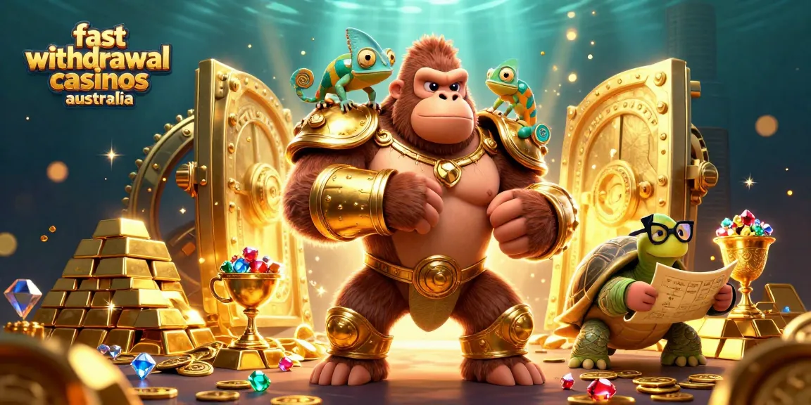 Experience fast withdrawal casinos Australia through this vibrant scene featuring a gorilla king and treasure.