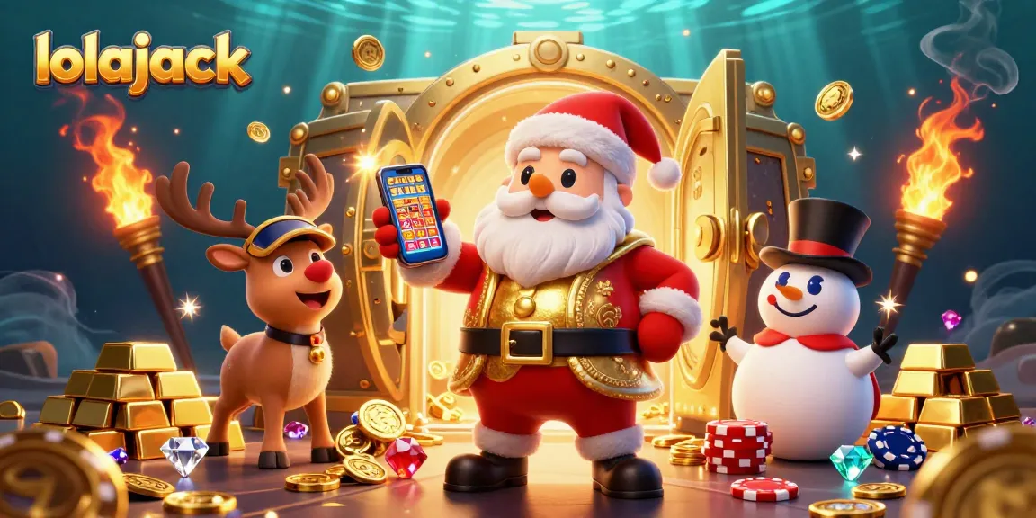 Spin the reels at lolajack casino while enjoying a vibrant gaming illustration with festive characters.