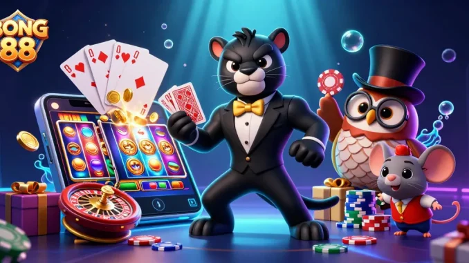BONG 88 offers a vibrant online casino experience with a stylish panther dealer in a dynamic gaming scene.